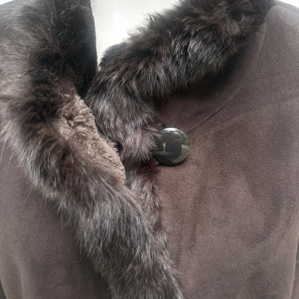 Dana Buchman Faux Suede Coat L Brown Genuine Fur Trim Winter Jacket Luxe Elegant - Picture 10 of 15